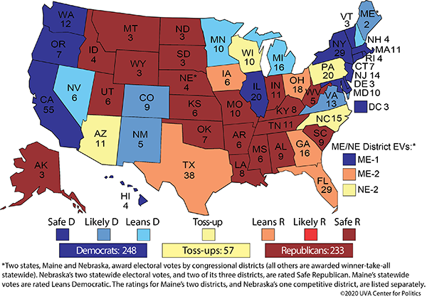 The electoral college map taken from UVA Center for Politics on 4/20/20